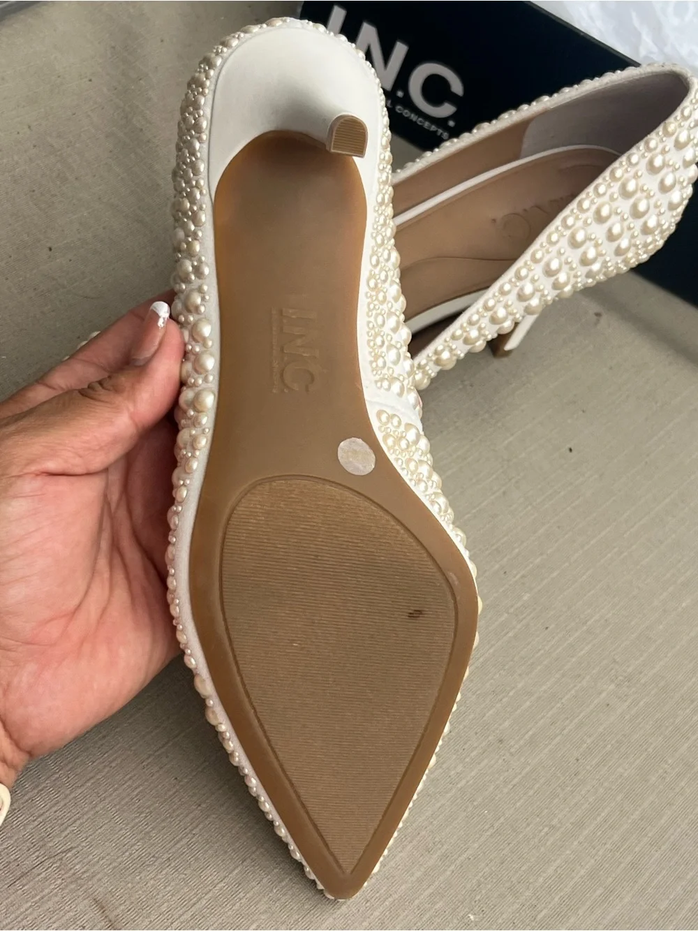 INC International Concepts Pearl-Embellished Pointed Flats in Ivory Cream